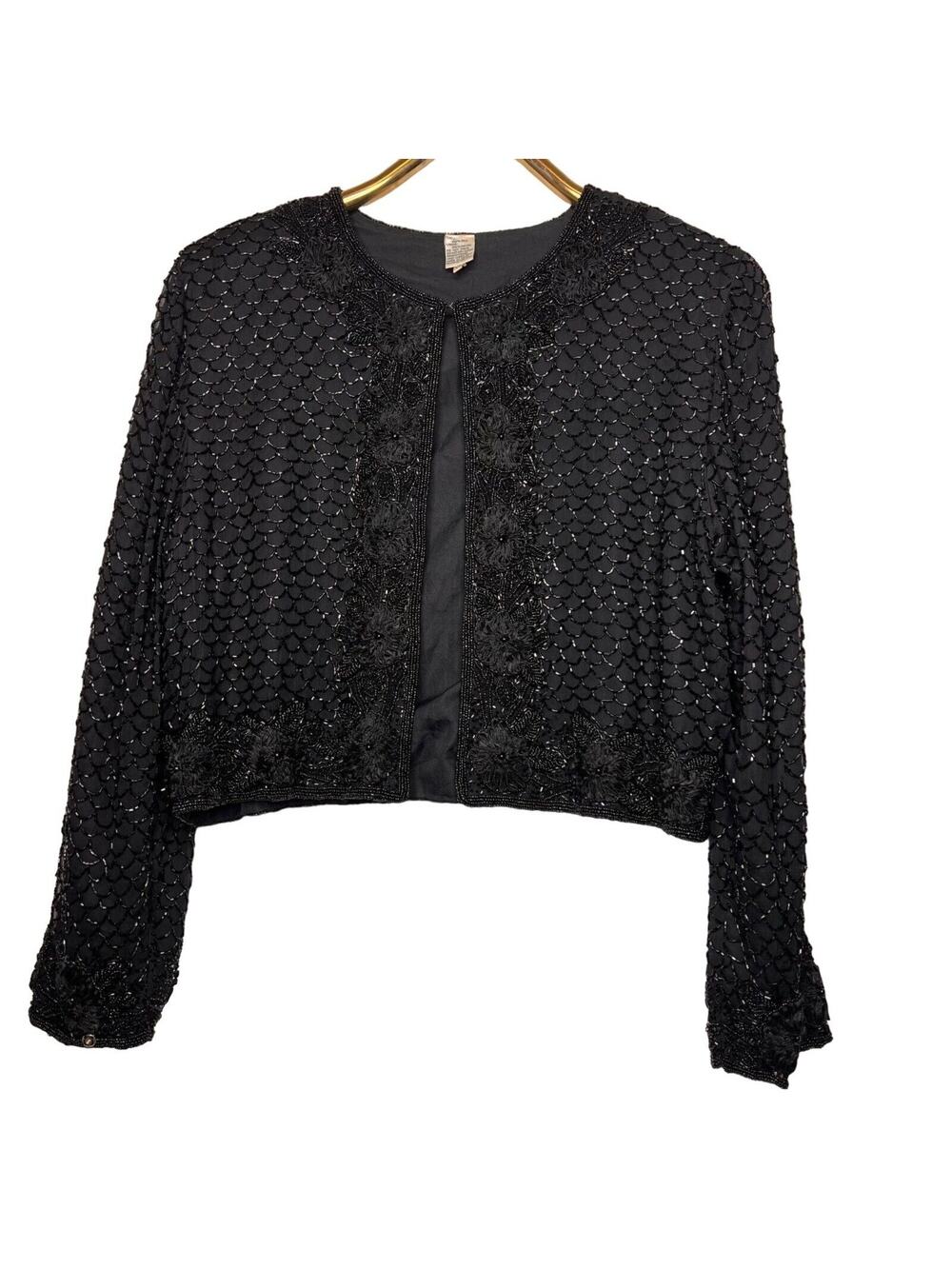 Vintage Size XL Black Ornate Beaded Evening Cardigan Jacket Rockabilly Fishnet